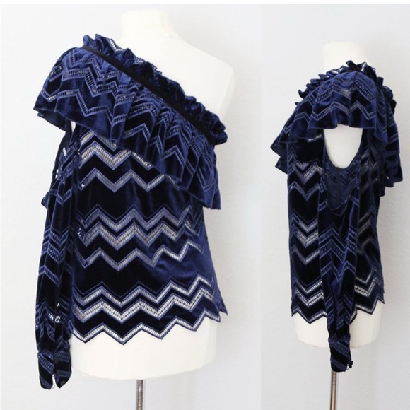 Self-Portrait Zig Zag Embroidered Velvet Top US 4 Navy One Shoulder Ruffle - Picture 8 of 8